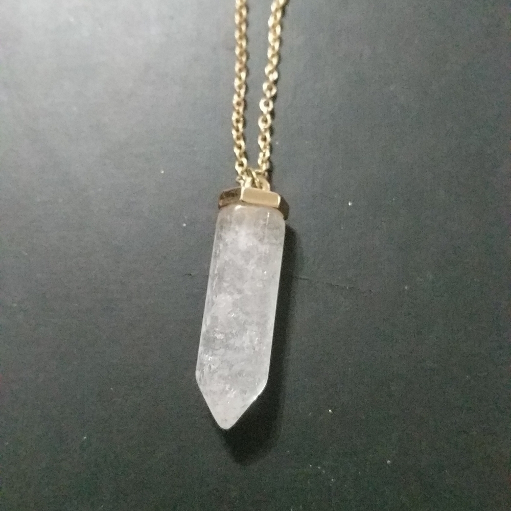 Gold Tone Clear Quartz Gemstone Point Pendant Statement Necklace